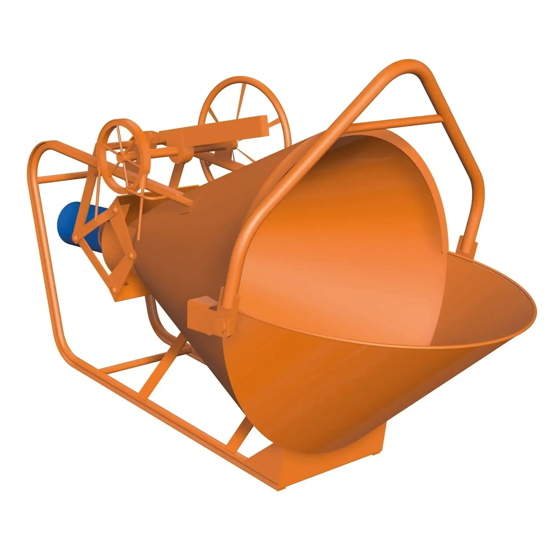 Ein orangefarbener Eimer mit Rädern und Griffen auf weißem Hintergrund