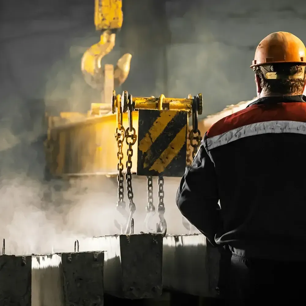 Ein Mann mit Schutzhelm steht vor einem Kran.