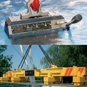 Ein Bild eines Krans, der ein großes Objekt anhebt, und ein Bild eines Krans, der ein großes Objekt anhebt.