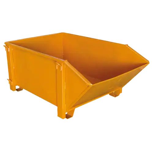 Auf einer weißen Fläche steht ein gelber Müllcontainer.