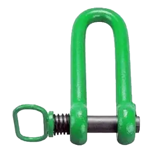 Ein grüner Schäkel mit einer Schraube auf weißem Hintergrund.