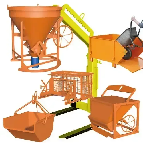 Ein Haufen orangefarbener Baumaschinen auf weißem Hintergrund