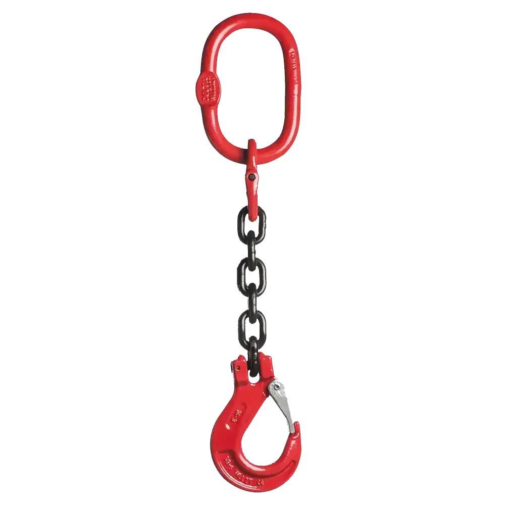 Eine rote Kette mit einem daran befestigten Haken auf weißem Hintergrund.