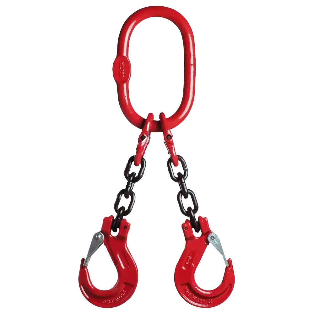Eine rote Kettenschlinge mit zwei daran befestigten Haken