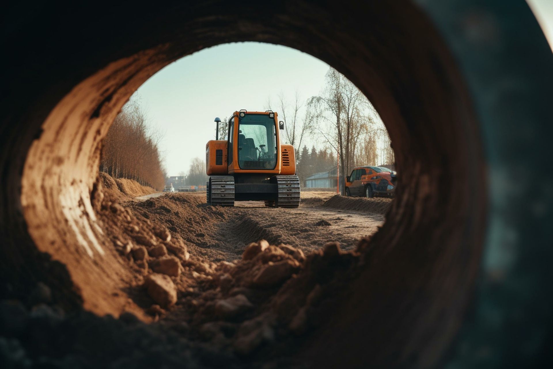 Une pelleteuse jaune sur un chantier, visible à travers un gros tuyau.