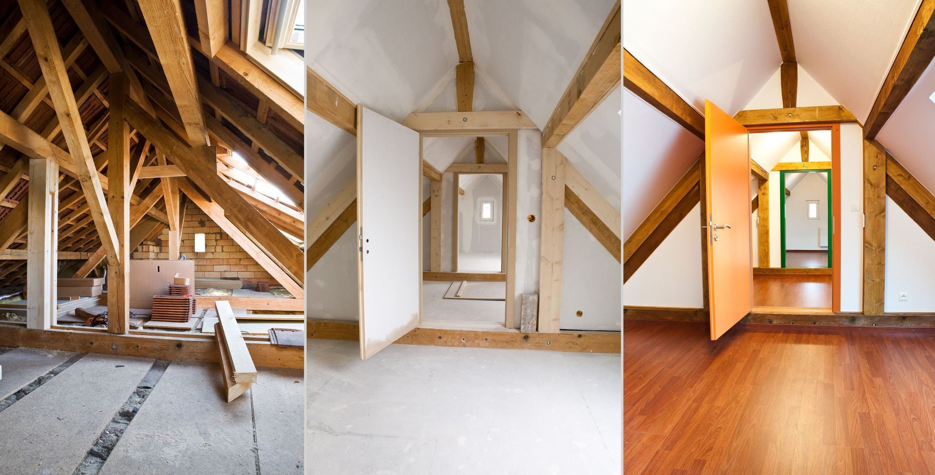 Les trois étapes de la rénovation d'un grenier : charpente apparente, cloisons sèches brutes et intérieur avec parquet.