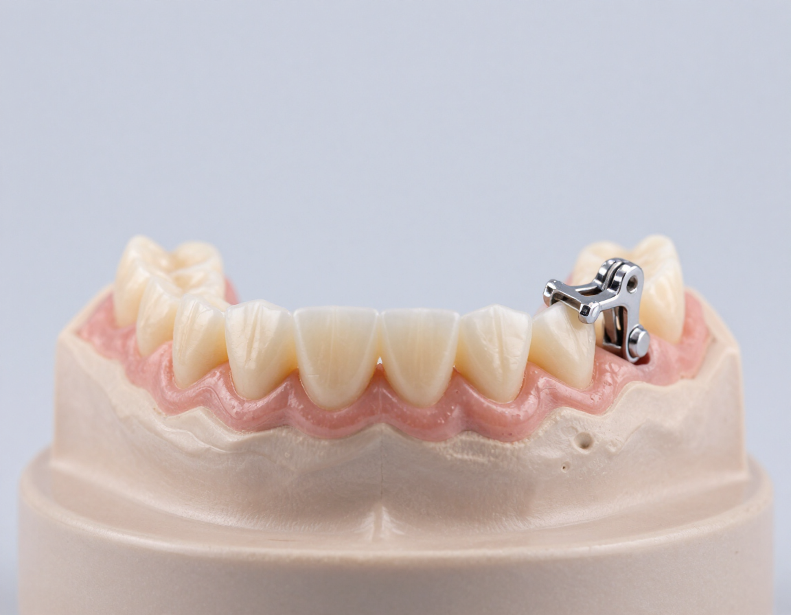 Primer plano de una prótesis dental removible de alta calidad sobre un modelo de estudio.