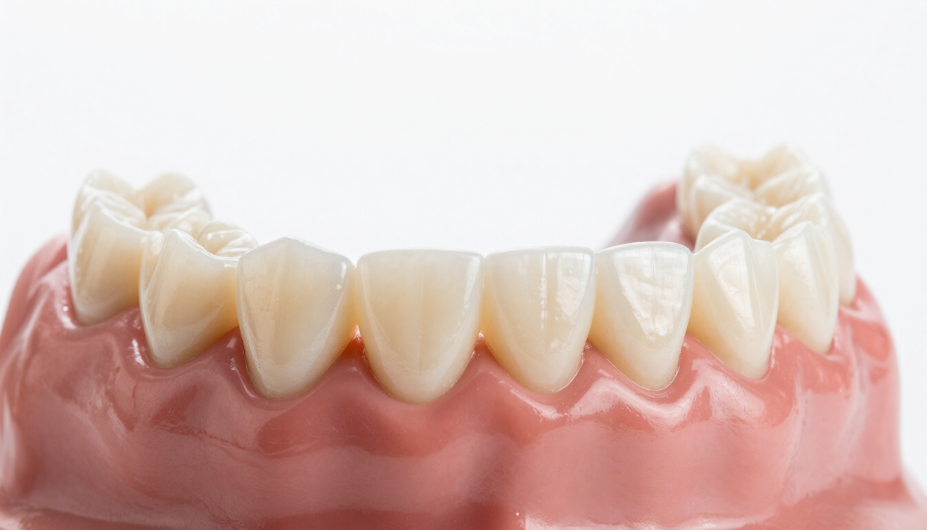 Detalle de puente dental de zirconio de alta precisión realizado en laboratorio dental profesional.