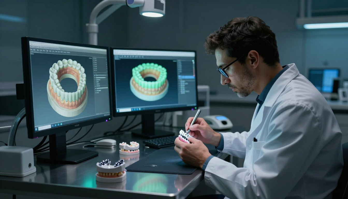Técnico dental trabajando en diseño CAD