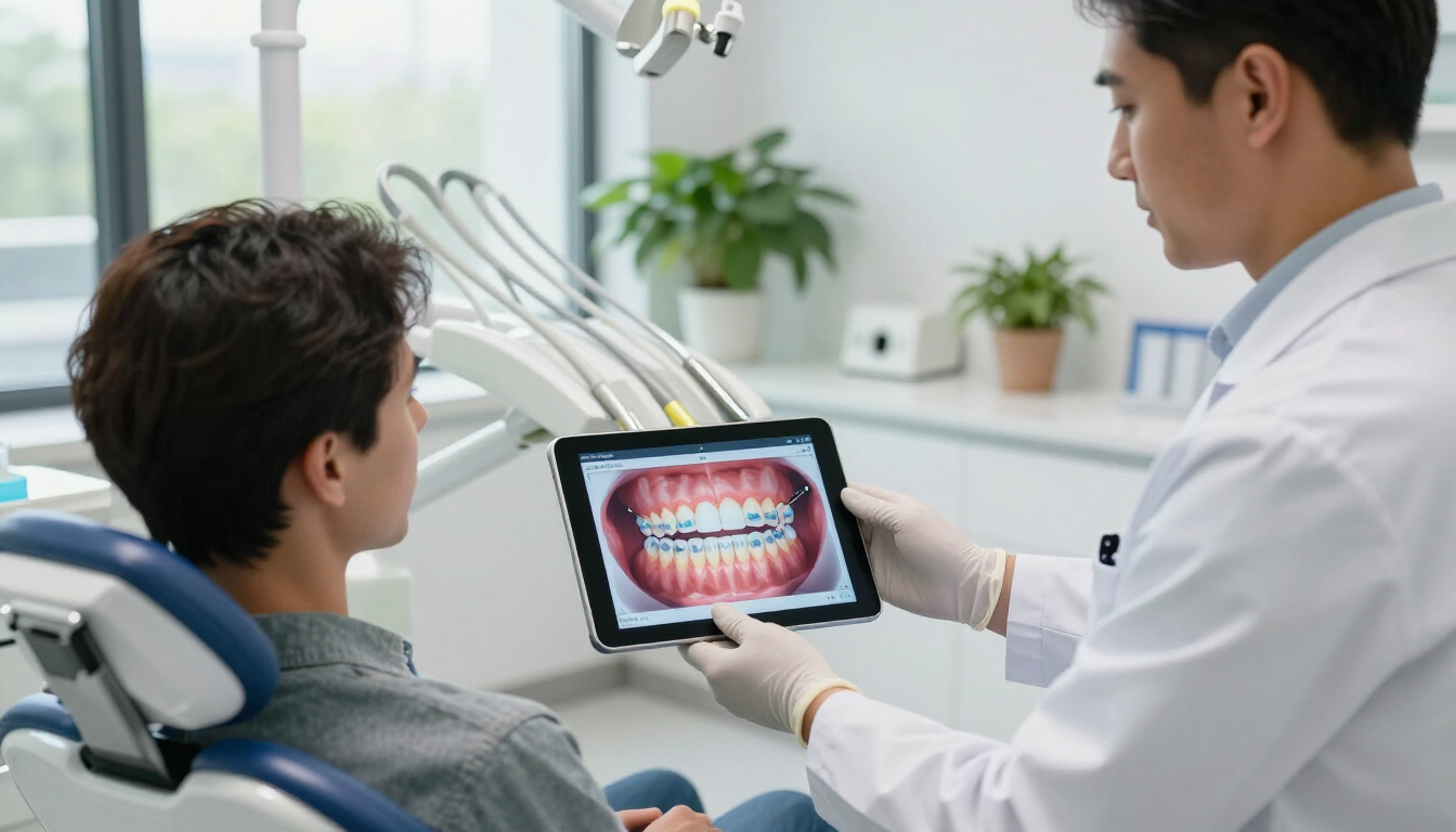 Dentista y paciente revisando plan de tratamiento digital
