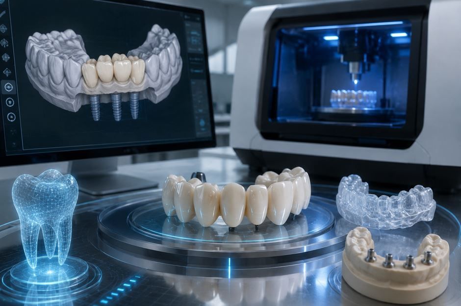 Flujo de trabajo CAD/CAM dental con prótesis dentales impresas en 3D, modelos e impresora en una mesa de laboratorio.