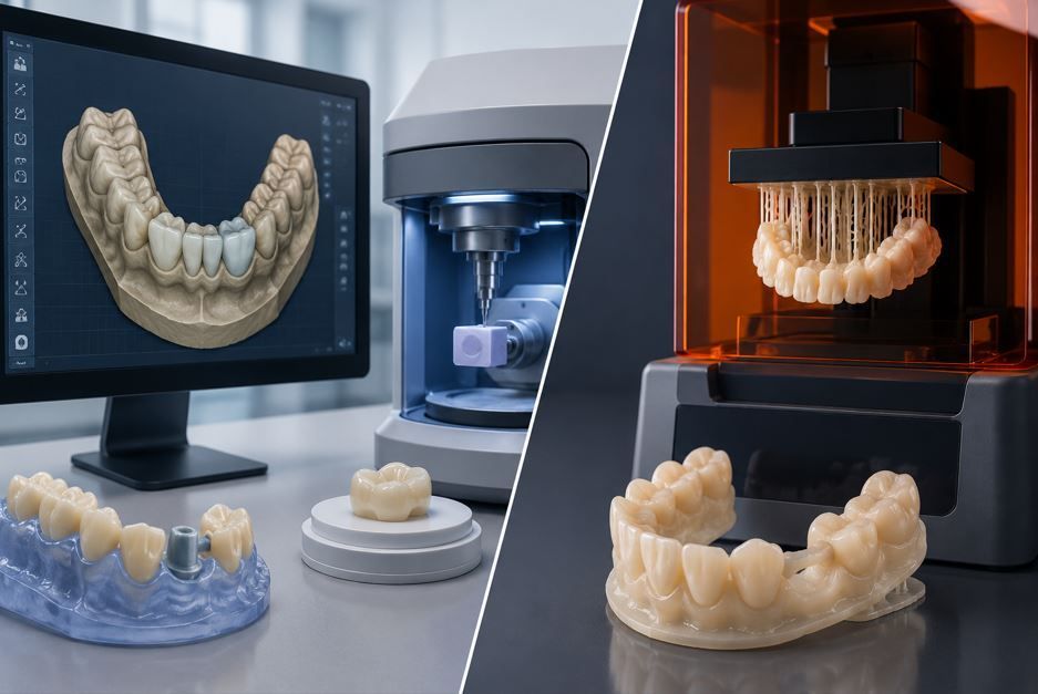 Escáner dental digital que muestra un modelo 3D de los dientes en un monitor junto a arcos dentales impresos.