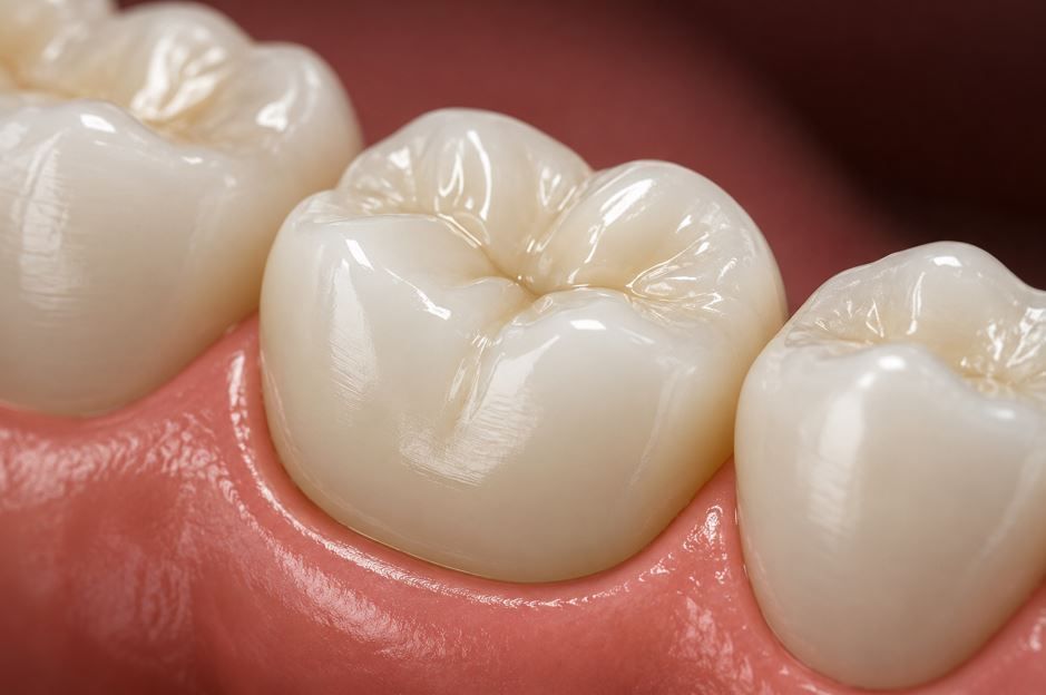 Primer plano de molares blancos y limpios y encías rosadas en una boca sana.