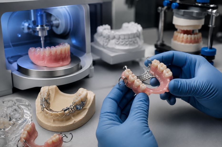 Manos enguantadas de azul manipulan prótesis dentales junto a una impresora 3D y moldes dentales en un laboratorio.