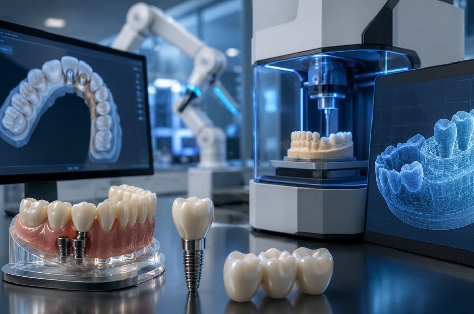 Laboratorio dental con impresora 3D, modelos y brazo robótico para la exhibición de implantes y coronas dentales.