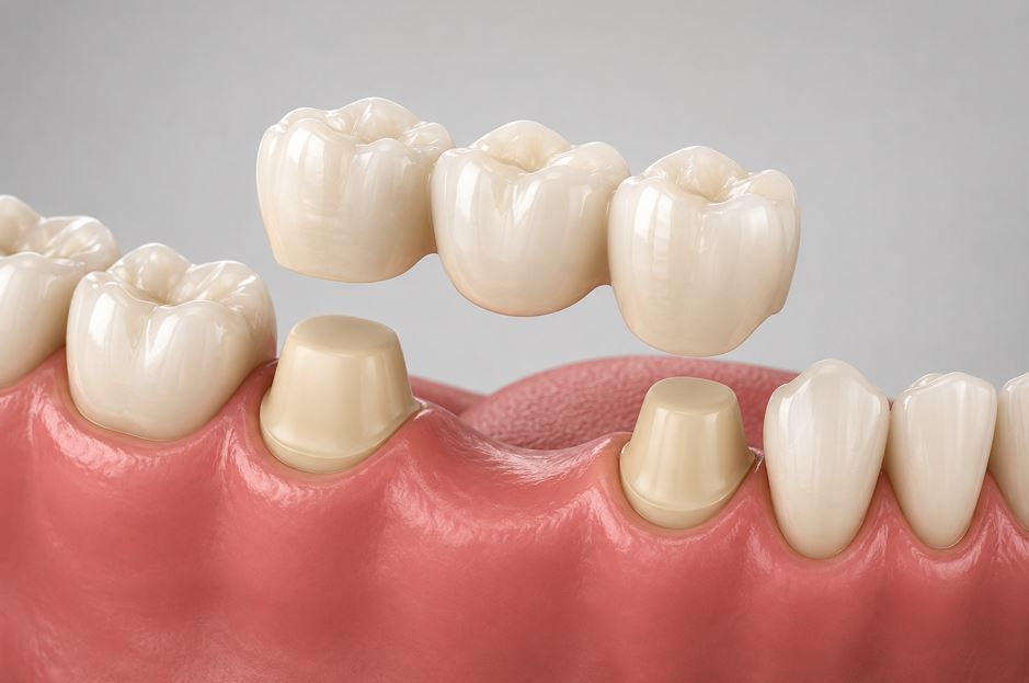 Puente dental con tres dientes artificiales sobre un modelo de encía rosada y dos postes dentales preparados.