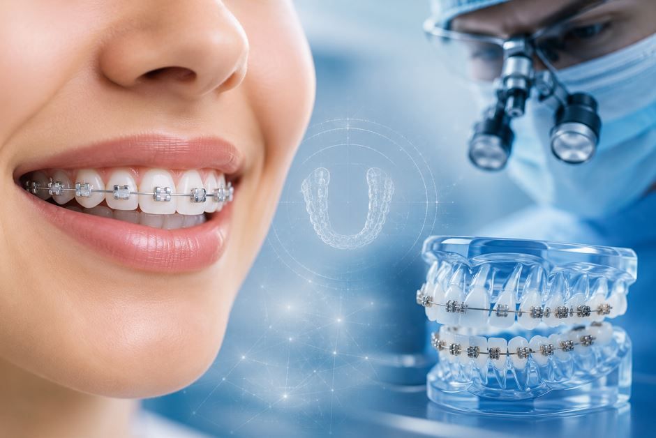 Aparatos de ortodoncia en dientes sonrientes junto a modelos de ortodoncia y un dentista sobre un fondo clínico azul.