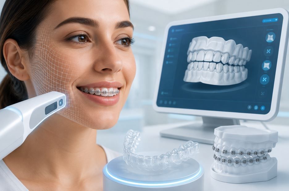 Mujer usando un escáner oral junto a un modelo digital de dientes y alineadores transparentes en un escritorio dental.