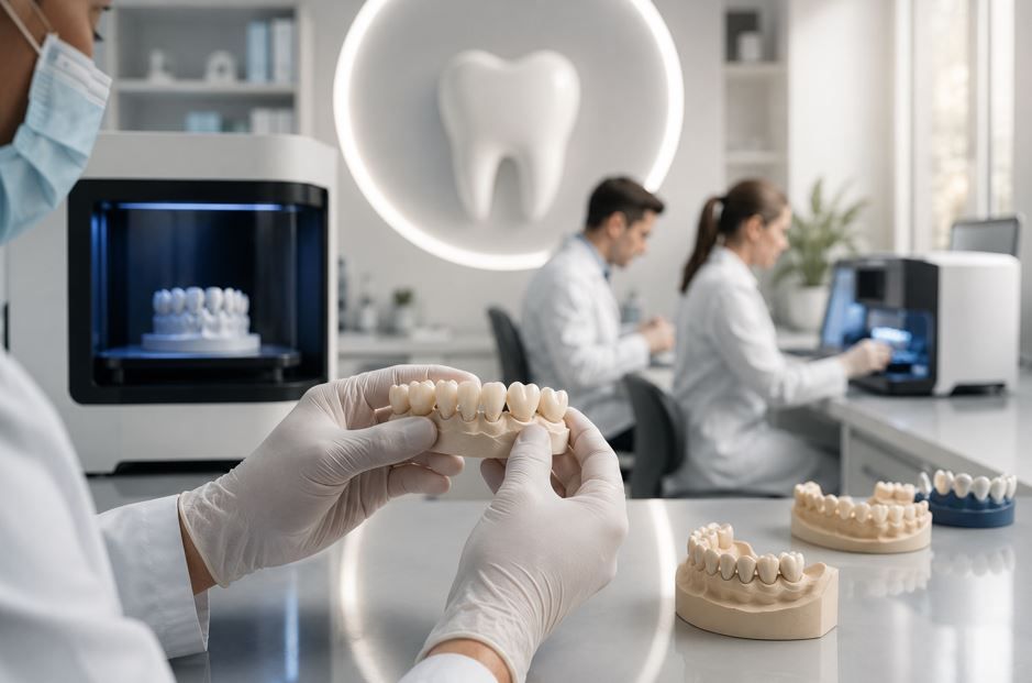 Dentista sosteniendo un modelo dental en un 