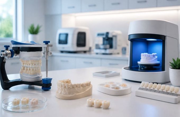 Impresora 3D dental sobre una mesa de laboratorio junto a moldes y modelos dentales en un laboratorio luminoso.