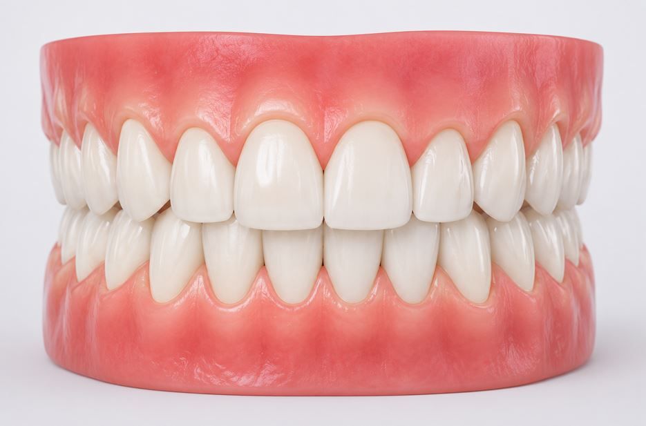 Conjunto de dentadura postiza humana con encías rosadas y dientes blancos sobre un fondo liso.