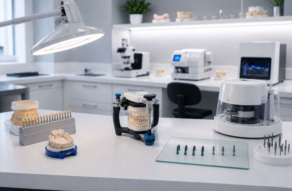 Mesa de trabajo de laboratorio dental con modelos 
