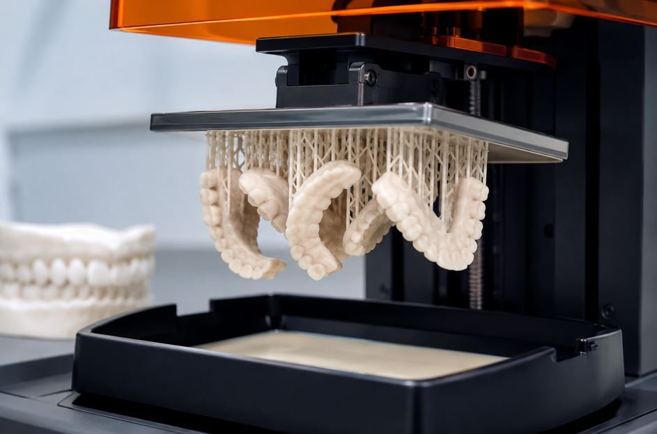 Impresora 3D creando modelos dentales beige en una bandeja