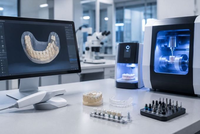 Laboratorio dental con un modelo 3D de diente en un monitor y dos impresoras 3D dentales en una mesa de trabajo.
