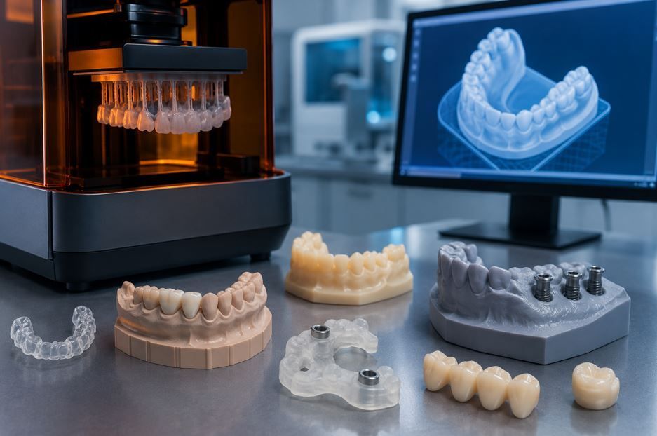 Impresora dental 3D imprimiendo alineadores transparentes con varios moldes dentales en una mesa de laboratorio.