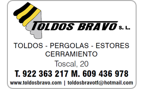 Una pegatina para toldos bravo sl con un número de teléfono