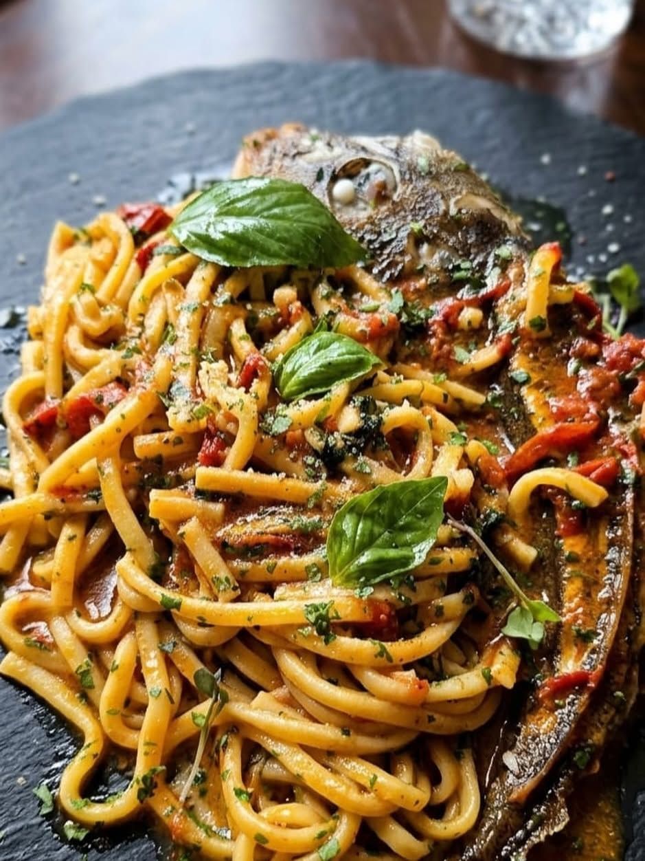 Piatto gourmet con pesce, verdure e salsa su un piatto blu con decorazione a filo.