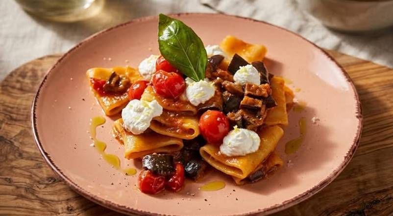 Pasta con pomodorini, basilico e ricotta servita su un piatto rosa.