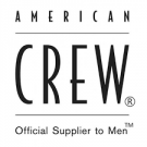 Logo American Crew avec texte noir sur fond blanc, « Fournisseur officiel pour hommes » en dessous