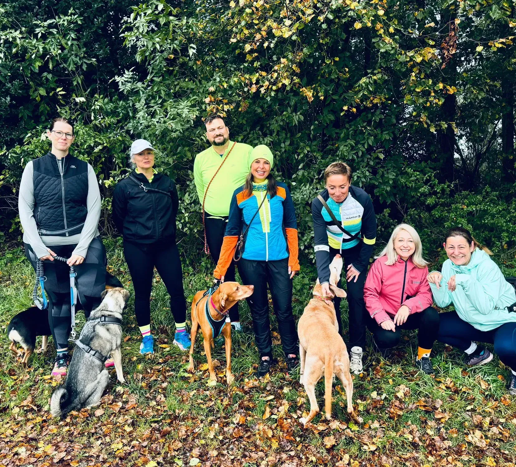 Eine Gruppe von Menschen mit Hunden posiert vor herbstlichem Laub.