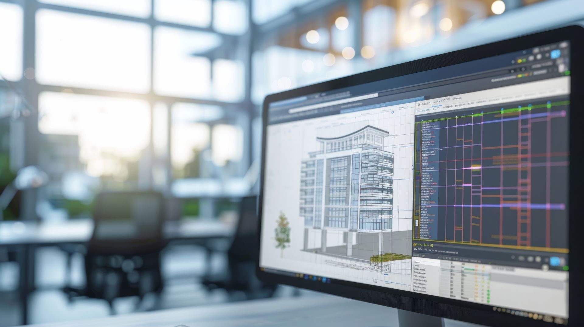 Ordinateur affichant les plans d'un immeuble et un planning