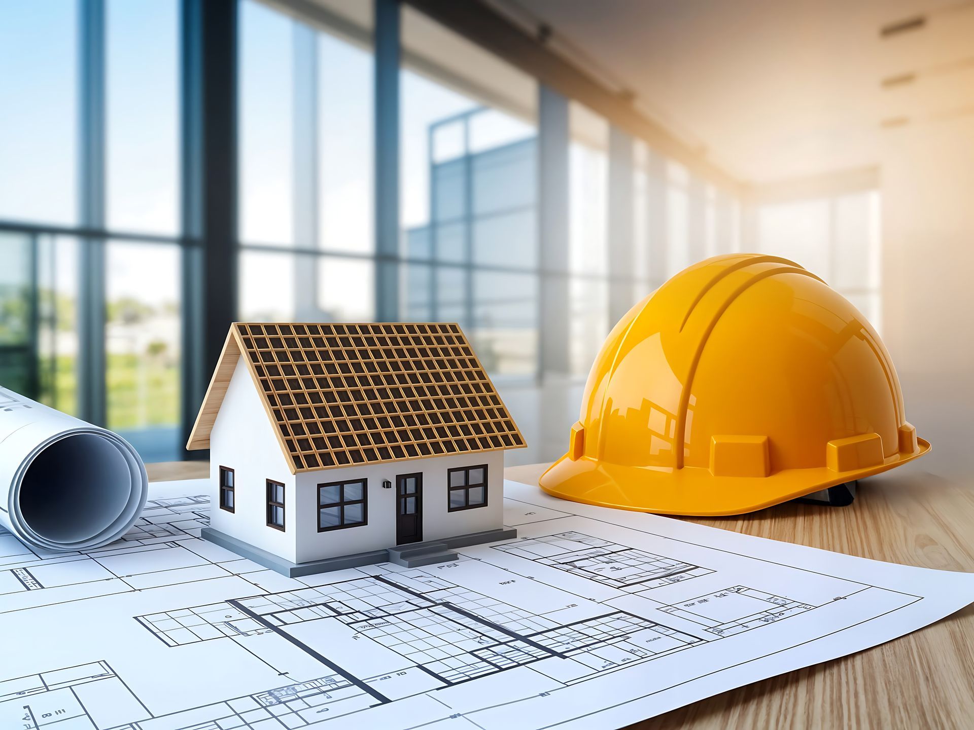Maquette de maison et casque de chantier posée sur un plan