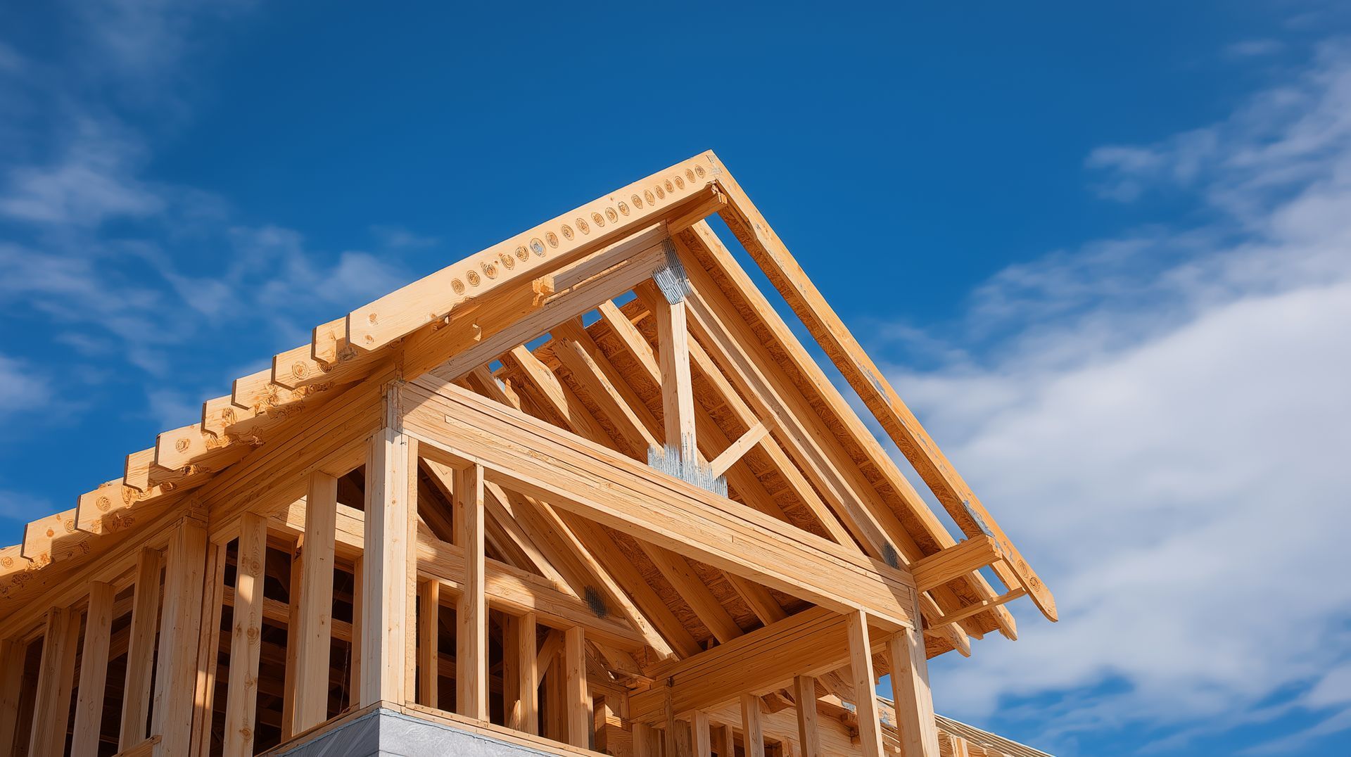 La charpente en bois d'une maison en construction se détache sur un ciel bleu nuageux.