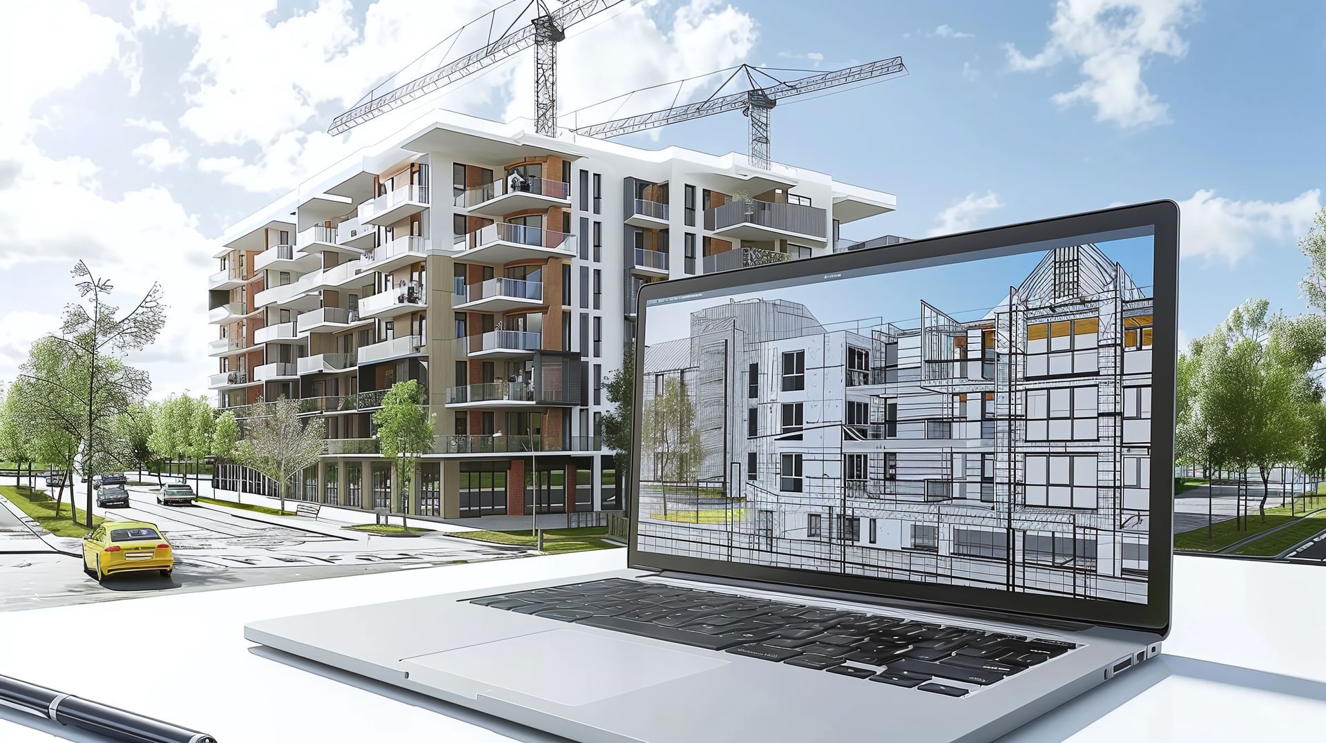 Ordinateur avec plan et maquette digitalisée en arrière-plan