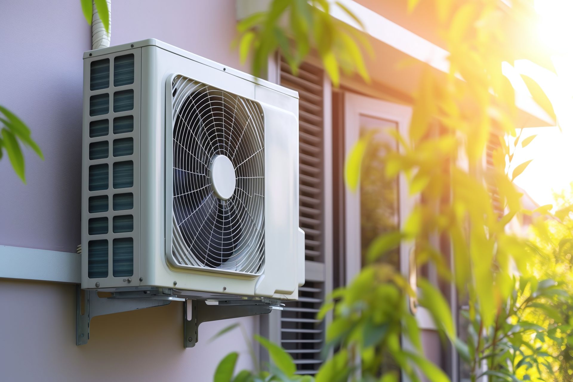 Un climatiseur extérieur fixé sur un mur rose, avec de la végétation verte et du soleil.