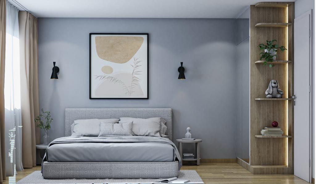 Chambre avec lit et cadre accroché au-dessus