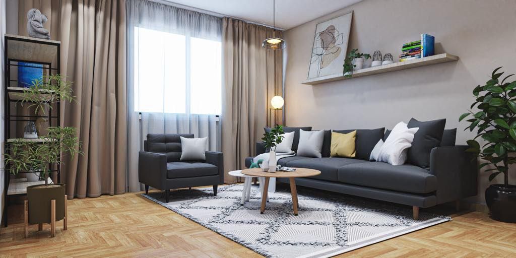 Salon avec canapé, fauteuil et table basse