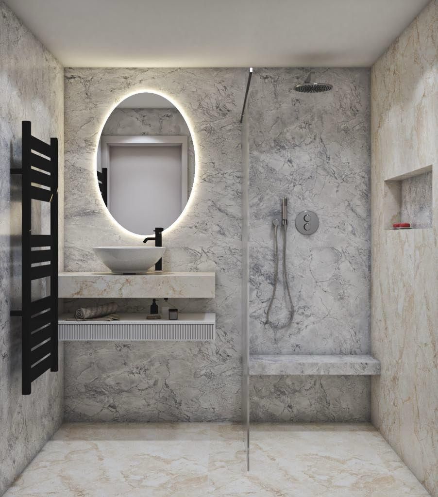 Salle de bains avec sèche-serviettes, lavabo et douche
