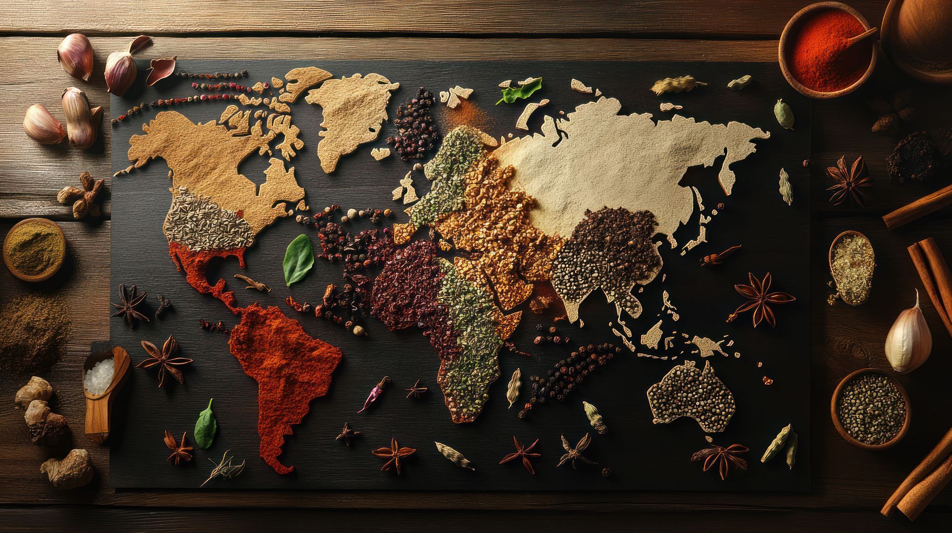Carte du monde composée d’un assortiment d’épices et de céréales sur une table en bois sombre, entourée de bols et de bâtons de cannelle