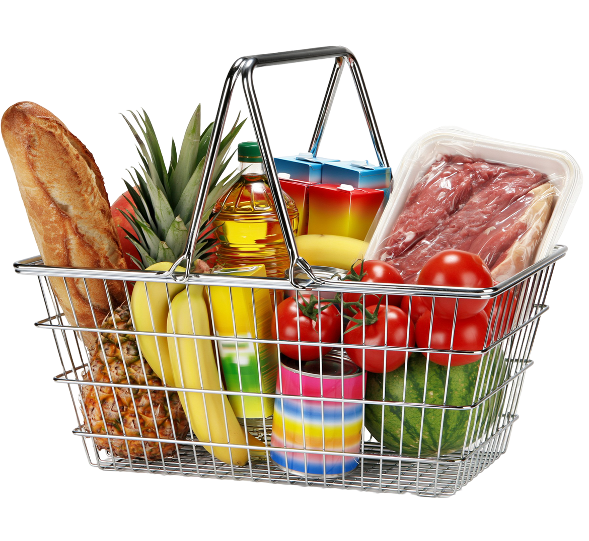 Panier de courses rempli de pain, de fruits, de légumes, de jus et de barquettes de viande