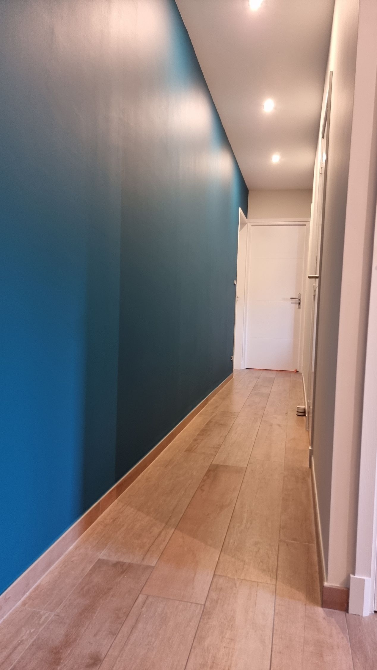 Couloir étroit avec mur bleu, parquet, spots encastrés et une porte blanche au fond.