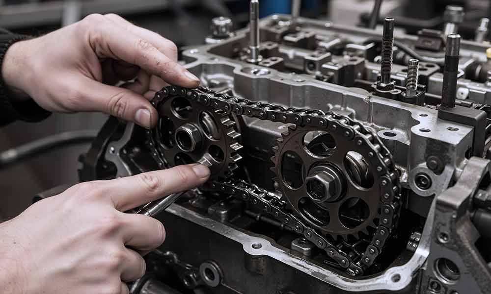 Hände montieren eine Steuerkette an einem Motorblock, Teile im Inneren sind sichtbar.