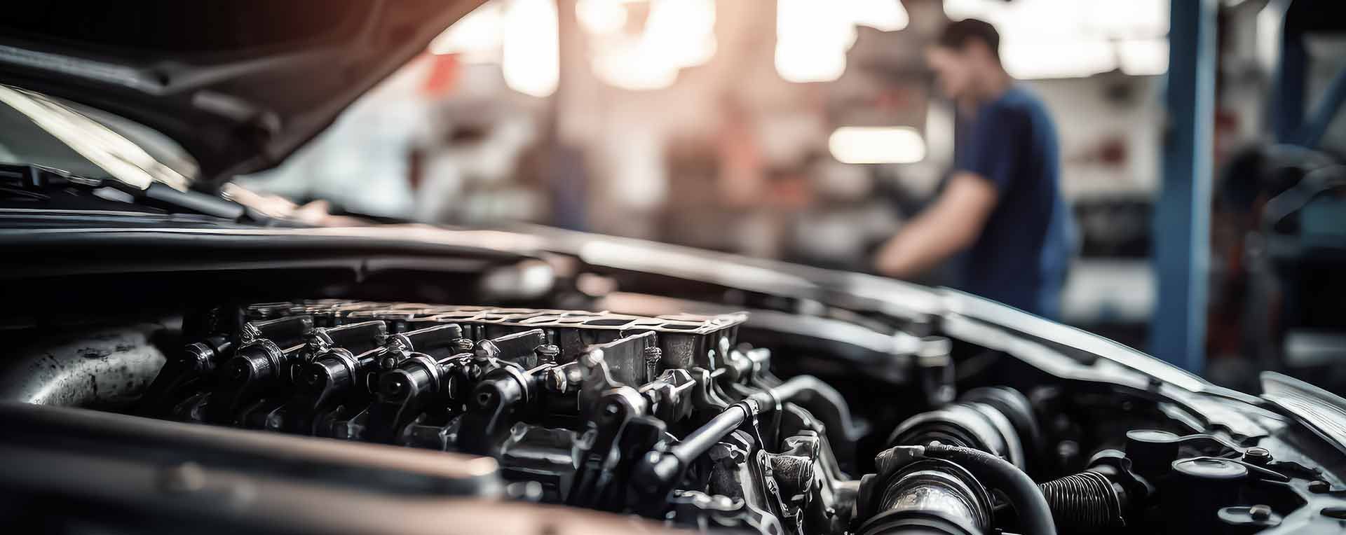 Nahaufnahme eines Automotors, zu sehen sind der schwarze Ventildeckel, die silbernen Schrauben und die Metallkomponenten.