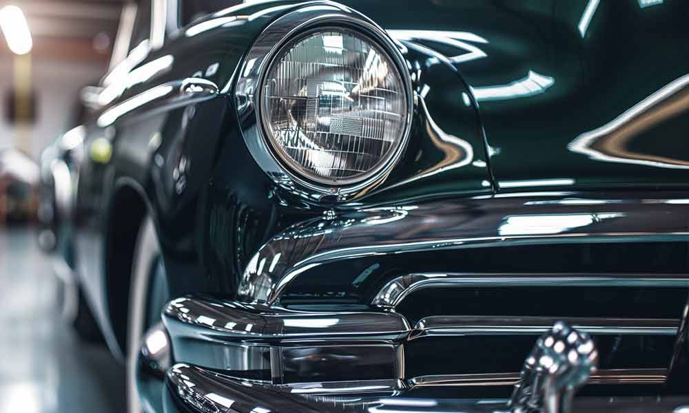 Nahaufnahme der Scheinwerfer und des Chromgrills eines klassischen dunkelgrünen Autos, das in einer Garage geparkt ist.