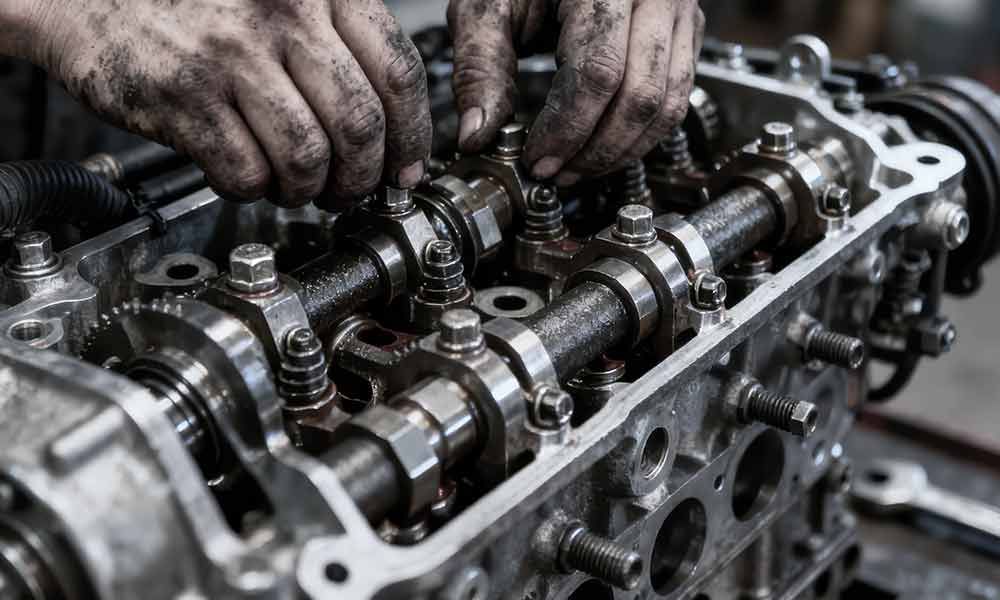 Hände, die an einem Motor arbeiten, sind mit Fett bedeckt.