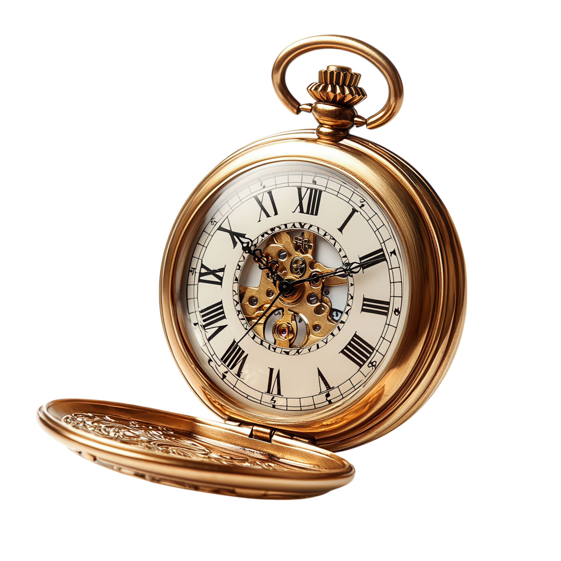 Une montre à gousset dorée ouverte.